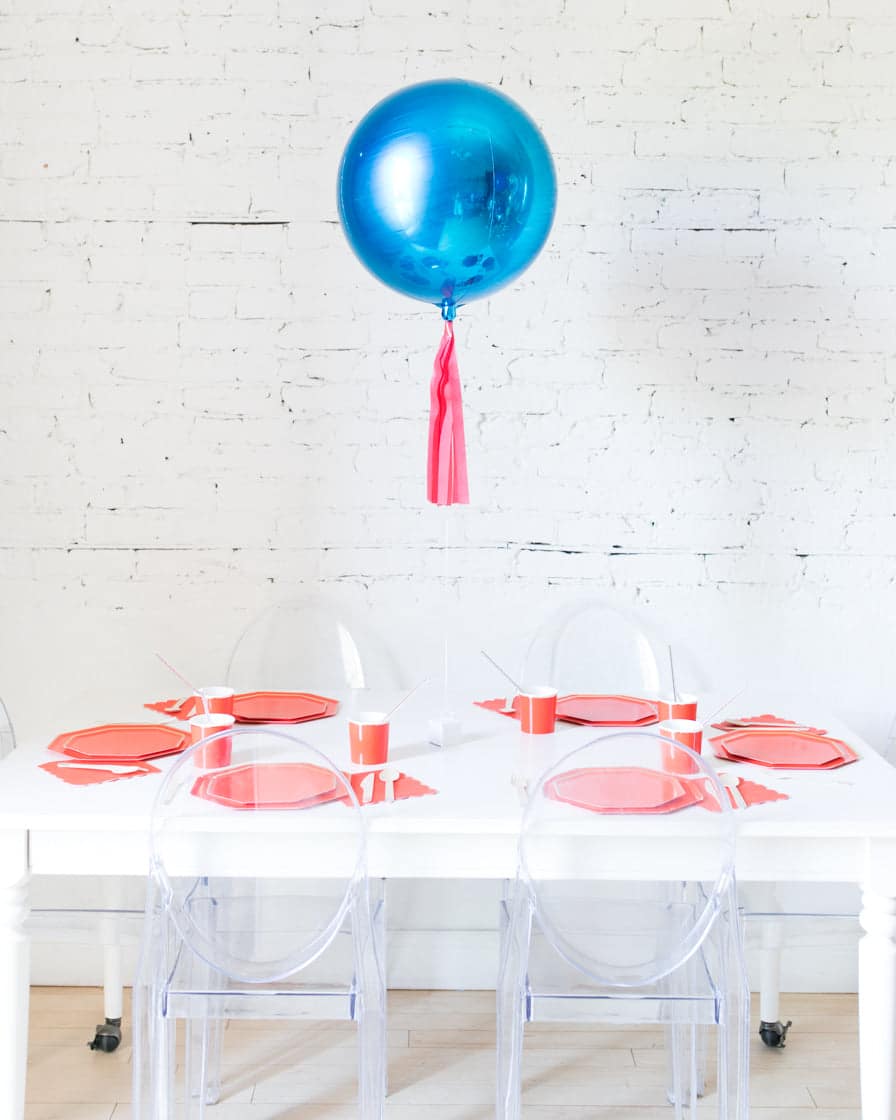 16in Blue Orb Foil Balloon and Red Skirt Centerpiece | Rental 16in Blue Orb Foil Balloon and Red Skirt Centerpiece | Rental