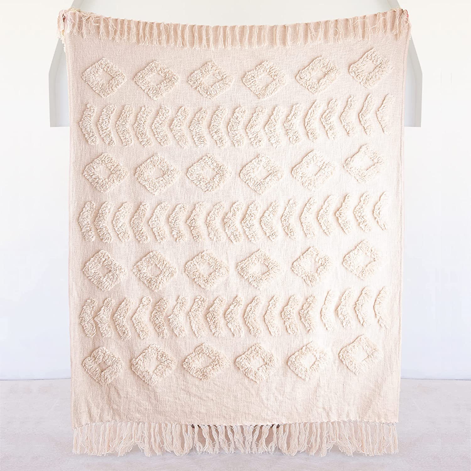 Bohemian Natural White Throw Blanket for Bed Couch & Dorm 50″ x 60″ | Style 2 | Rental