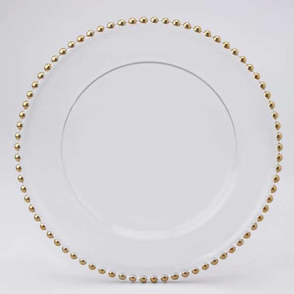 Decostar™ Glass Charger Plate with Gold Beaded Edge 12½” – 8 Pieces | Rental Decostar™ Glass Charger Plate with Gold Beaded Edge 12½” – 8 Pieces | Rental