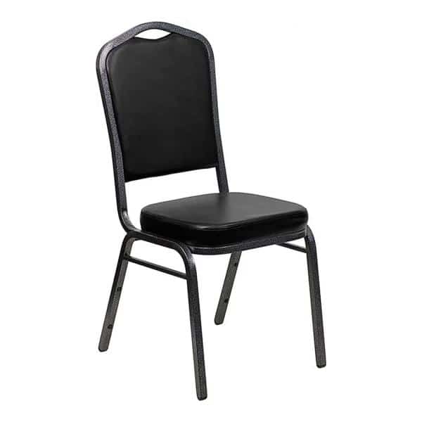 Axiom™ Crown Back Banquet Chair – Silver Vein Frame – Black Vinyl | Rental