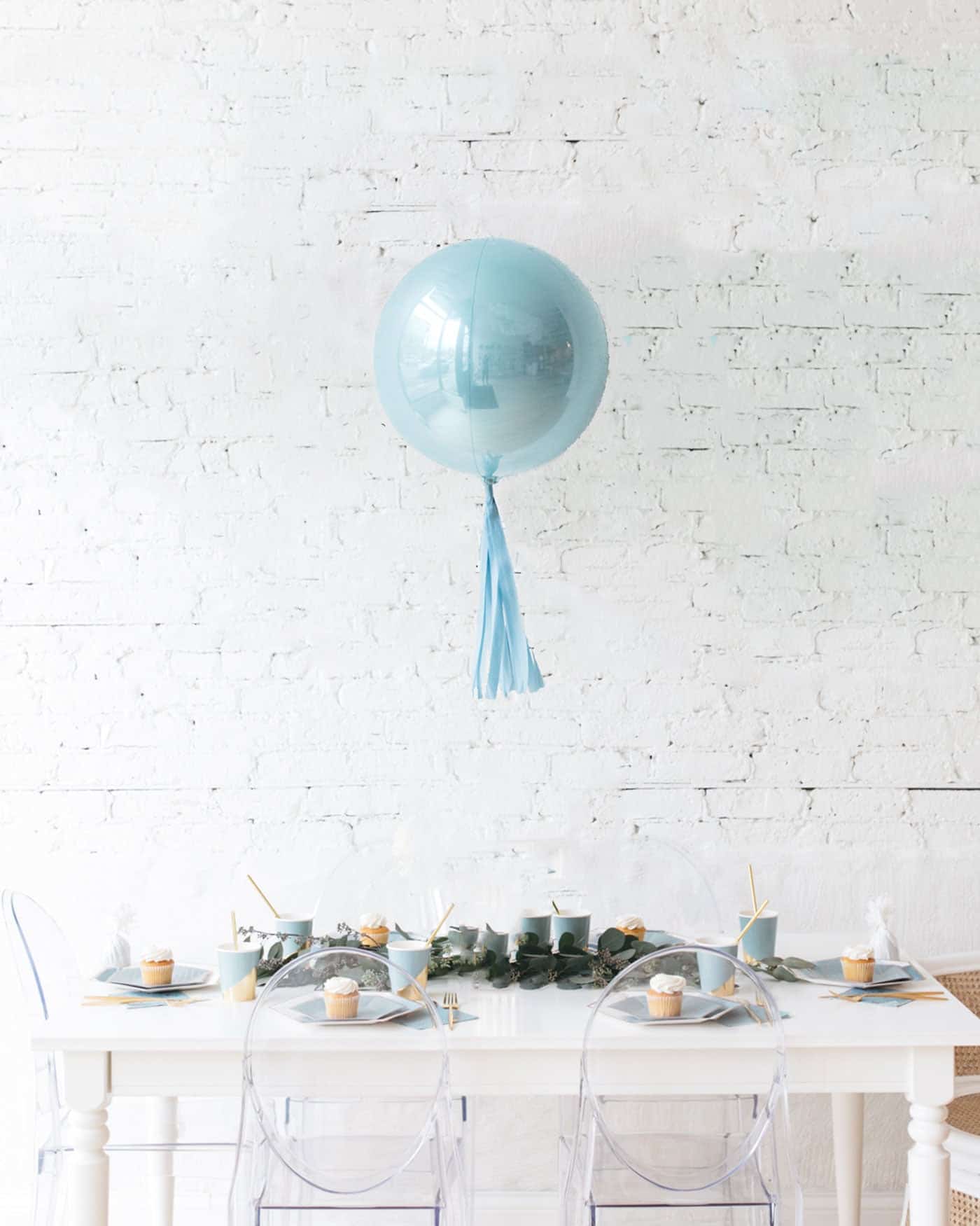 16in Pastel Blue Orb Foil Balloon and French Blue Skirt Centerpiece | Purchase