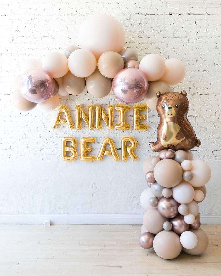 Glam Tan – Floating Arch, Letters & Balloon Column Set | Rental Glam Tan – Floating Arch, Letters & Balloon Column Set | Rental