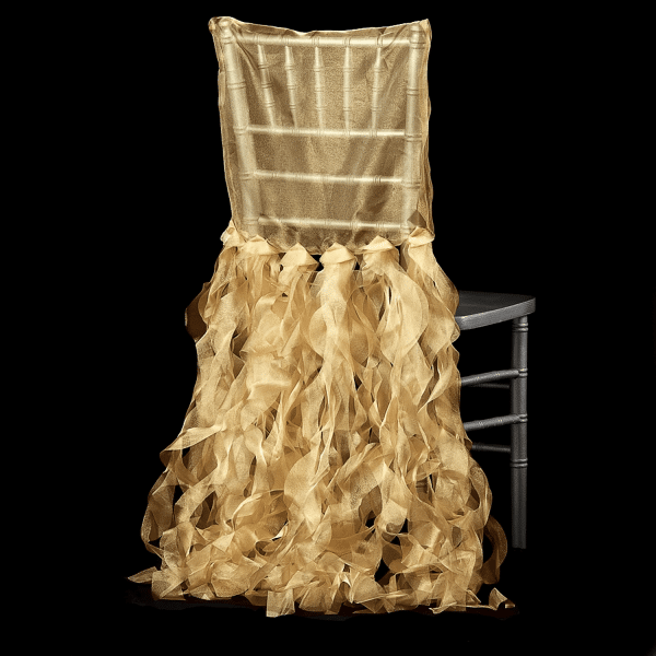 Spiral Taffeta & Organza Chair Back Slip Cover – Gold | Rental Spiral Taffeta & Organza Chair Back Slip Cover – Gold | Rental