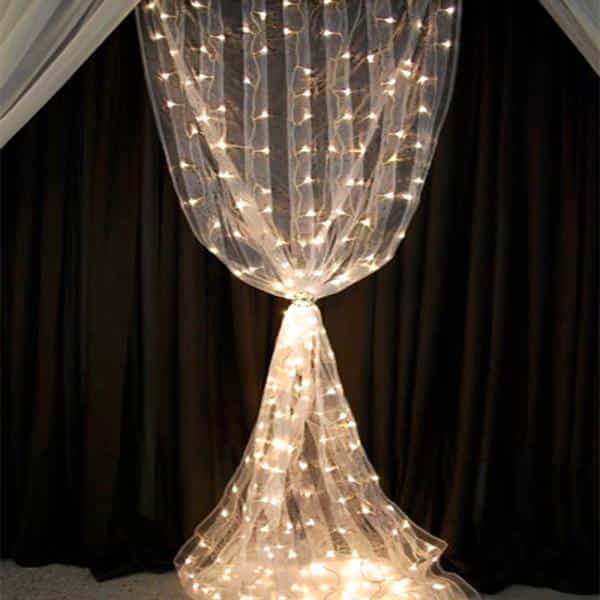 8ft White Organza Curtain with Warm White LED Lights | Rental