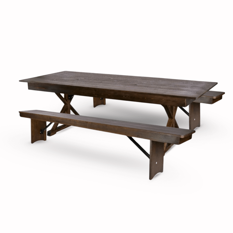 Fruitwood X-Leg Farm Table Dining Set with 2 Benches | Rental