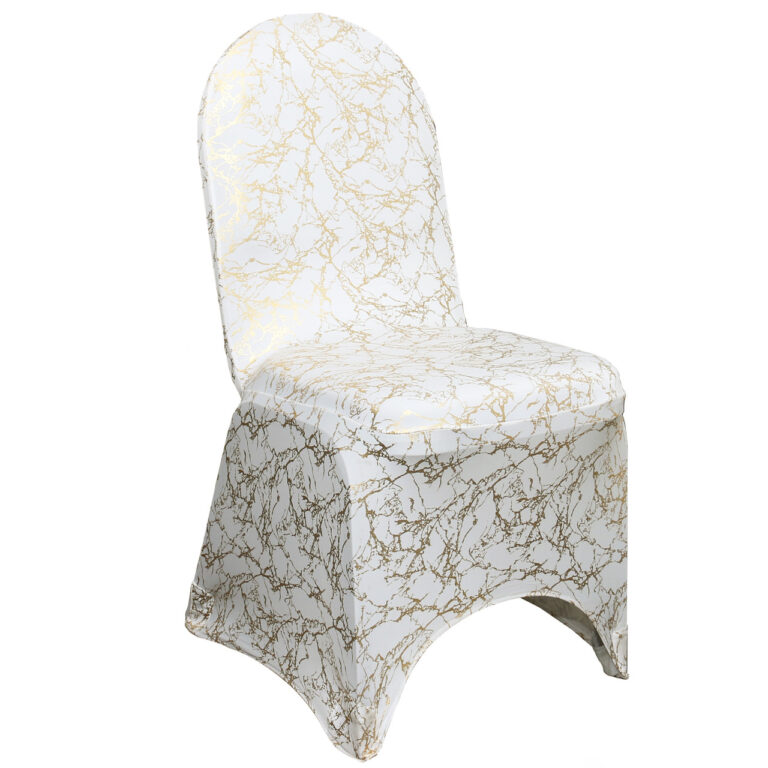 Stretch Spandex Banquet Chair Cover White With Gold Marbling | Rental Stretch Spandex Banquet Chair Cover White With Gold Marbling | Rental